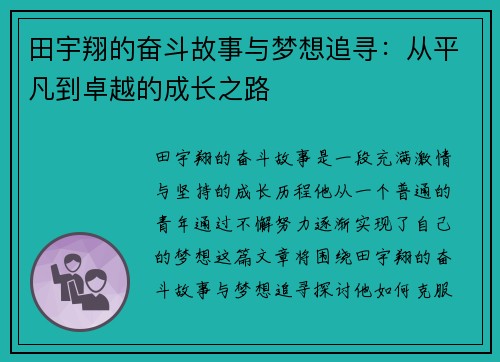 田宇翔的奋斗故事与梦想追寻：从平凡到卓越的成长之路